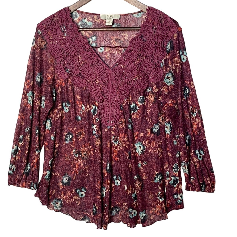 Vintage America Blues Women XL Burgundy Floral Crochet Lace V-Neck Blouse Top